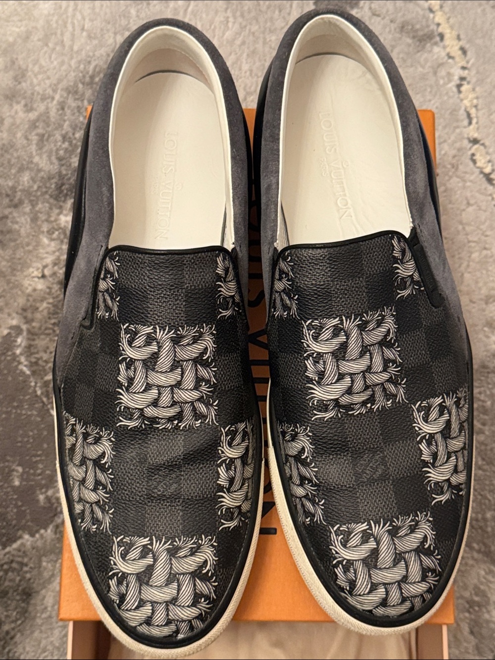 Louis Vuitton Black and White Damier Woven-Print Slip-On Sneakers Men’s